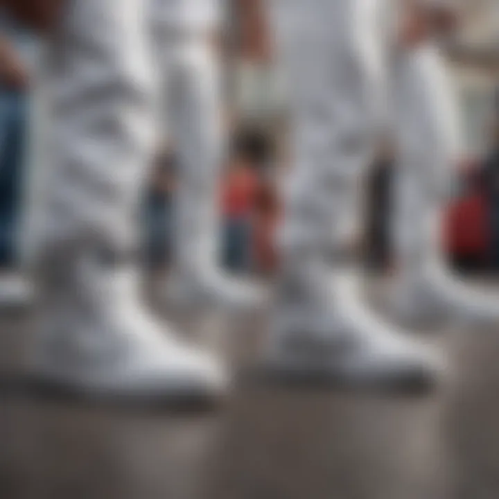 Group of extreme sports enthusiasts wearing reflective white checkered Vans at a competition.