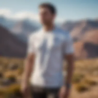 A breathtaking extreme sports landscape with a lone figure in a white Champion shirt