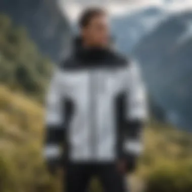 A stylish black and white windbreaker displayed on a rugged outdoor background