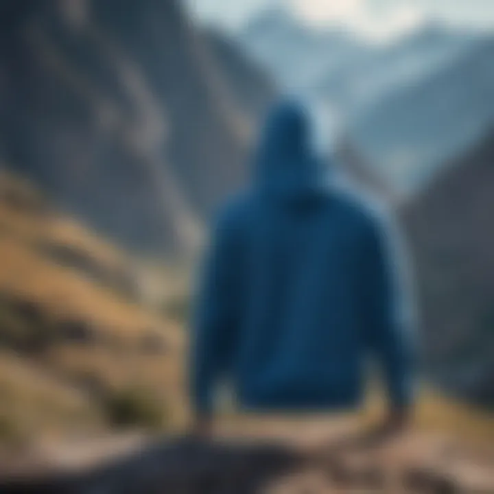 A blue hoodie hanging against a backdrop of mountains, symbolizing adventure.