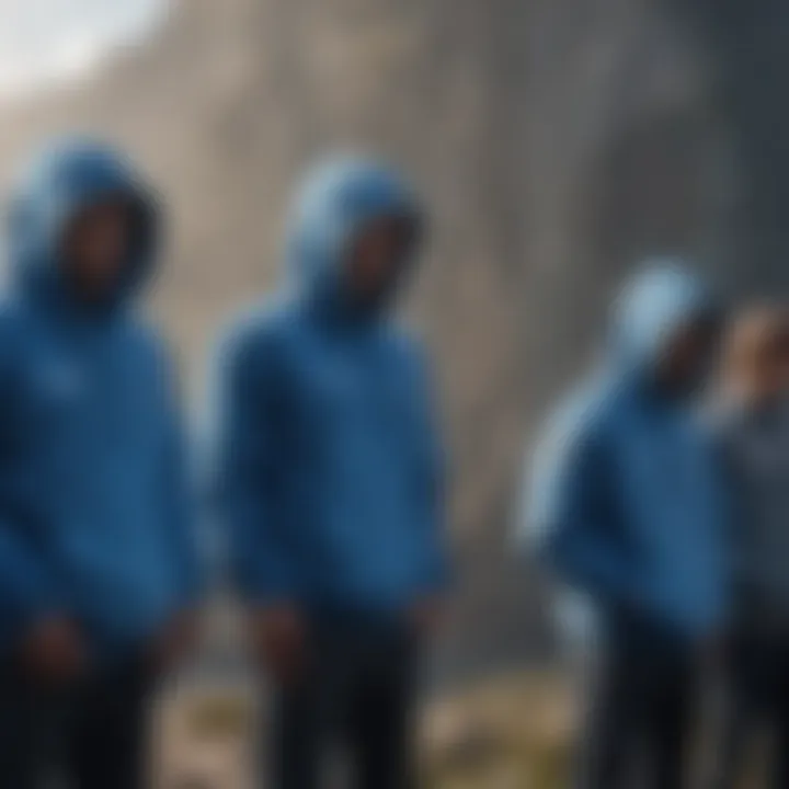 A group of extreme sports enthusiasts donning blue hoodies in an outdoor setting.