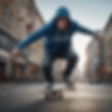 An athlete wearing a blue hoodie while performing a trick on a skateboard.