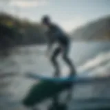 Electric hydrofoil surfboard soaring above the water surface