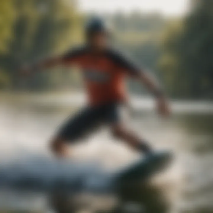 A novice wakeboarder enjoying a smooth ride on water.