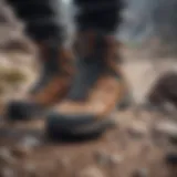 Athlete showcasing high top shoes on rugged terrain