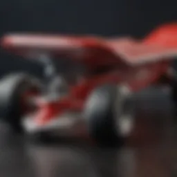 Close-up view of red skateboard trucks showcasing intricate designs