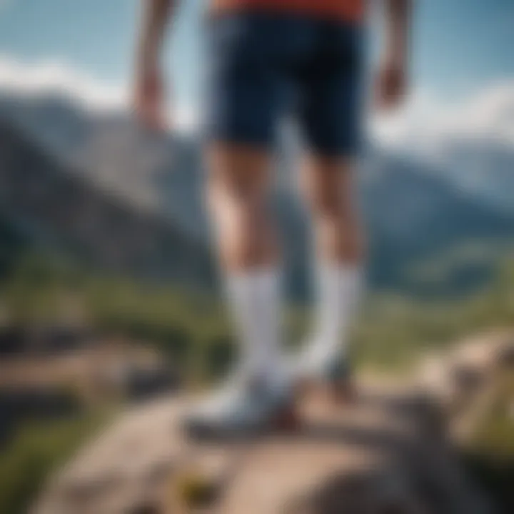 Mountain climber wearing white crew socks, showcasing gear and stunning views
