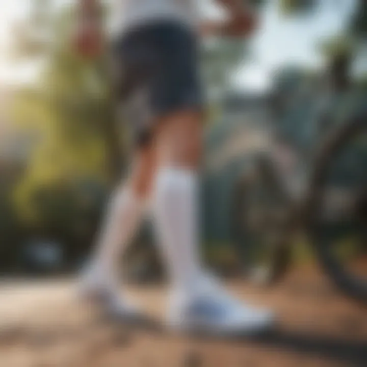 Group of extreme sports enthusiasts wearing white athletic crew socks in a vibrant outdoor setting
