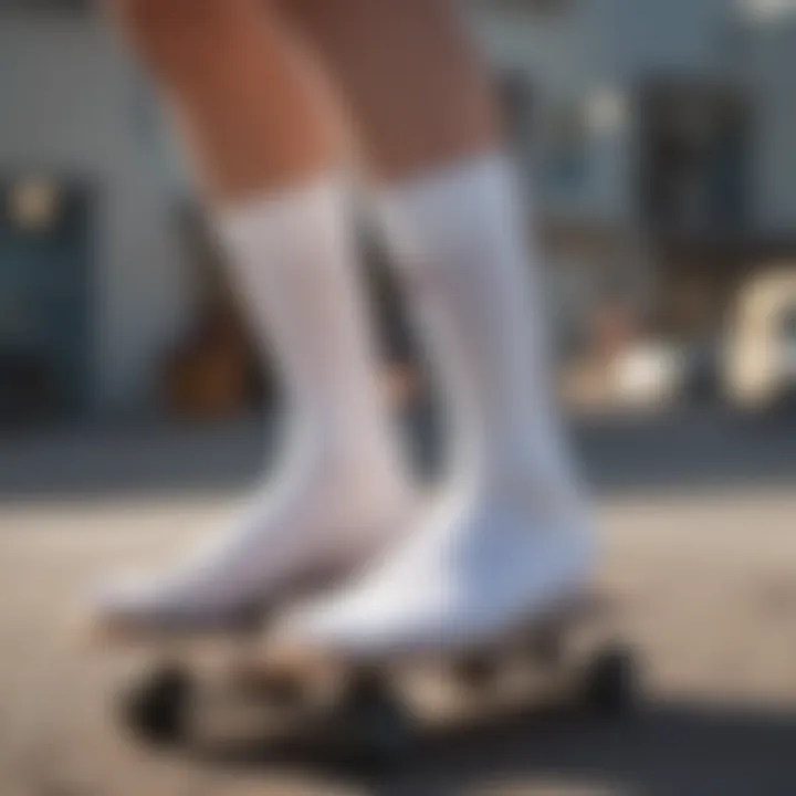 Close-up of white athletic crew socks on a skateboard resting on the ground