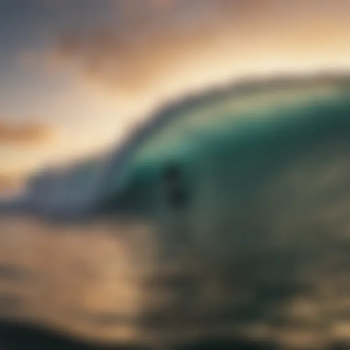 Aerial view of surfers riding large waves at sunset