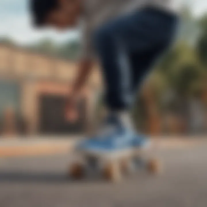 Skateboarder demonstrating performance in stylish skate shoes