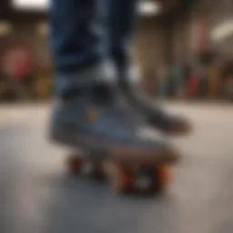 A close-up view of skateboard shoes showcasing their unique design and cushioning.