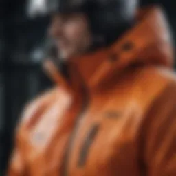 A close-up view of a high-tech snow jacket showcasing its weatherproof fabric.