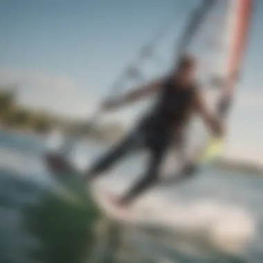 A windsurfer demonstrating proper harness usage while riding the waves