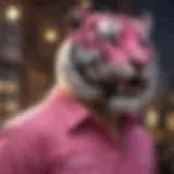 A vibrant pink tiger shirt displayed in an urban extreme sports setting