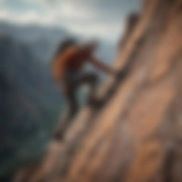 A rock climber scaling a cliff, showcasing their magic shirt amidst rugged terrain