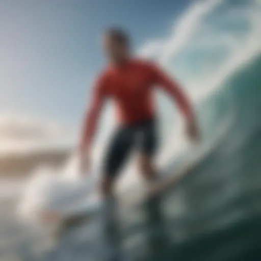 A surfer wearing a vibrant magic shirt while riding a massive wave