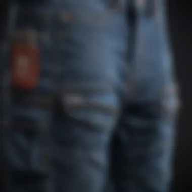 An array of blue jeans with cargo pockets displayed on a stylish backdrop.