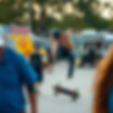 Community Engagement at Skateboarding Events A community event showcasing skateboarding tricks while food trucks serve pizza in the background.