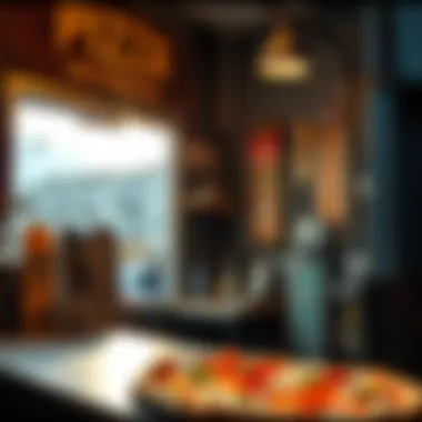 Entrepreneurial Spirit in Pizza and Skateboarding An entrepreneurial pizza shop within a skateboarding neighborhood, blending local culture and cuisine.
