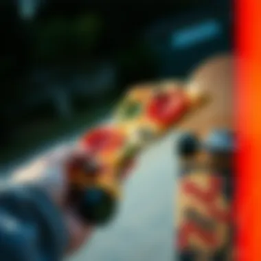 Fusion of Pizza and Skateboarding Close-up of a delicious pizza slice being held near a skateboard, symbolizing the fusion of two cultures.