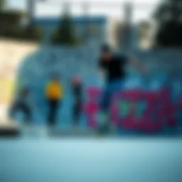 A vibrant skate park scene with skaters performing tricks, surrounded by pizza-themed graffiti.