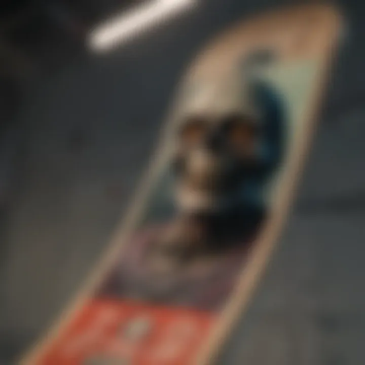 Close-up of a skateboard deck with zombie graphics