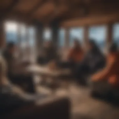 Embracing Après-Ski Culture Group of snowboarders enjoying après-ski culture in a cozy Swiss lodge