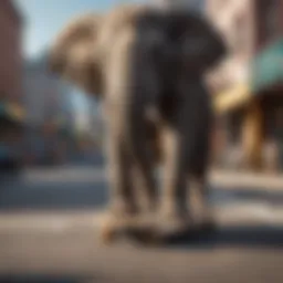 An elephant balancing on a skateboard in an urban setting