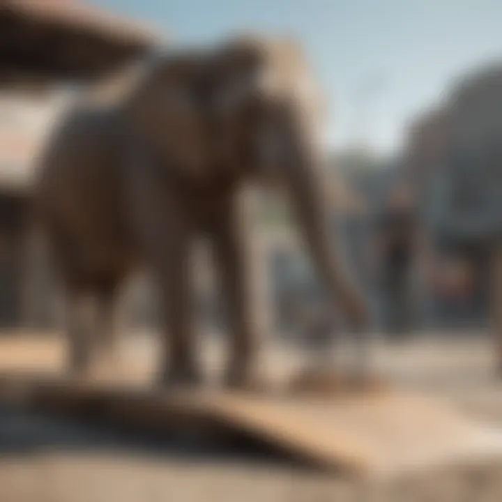 A trainer guiding an elephant on a skateboarding ramp