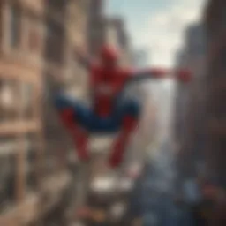 A dynamic depiction of Spider-Man swinging through a bustling cityscape