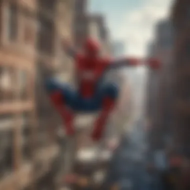 The Art of Swinging: Urban Exploration A dynamic depiction of Spider-Man swinging through a bustling cityscape