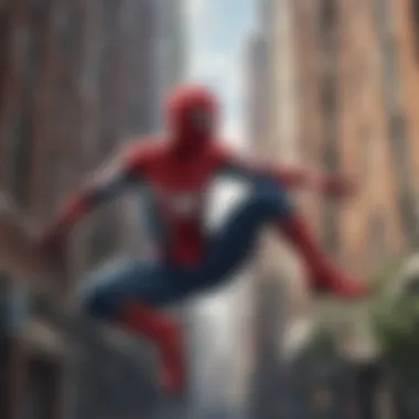 Navigating the Urban Jungle A visual representation of Spider-Man interacting with urban architecture
