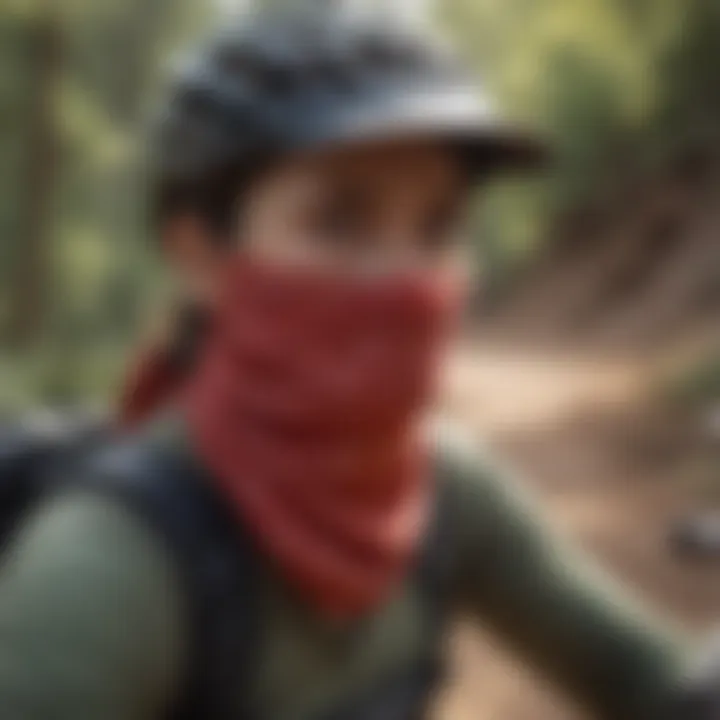 Athlete wearing a face bandana during a mountain biking session, demonstrating protection against dust and debris.