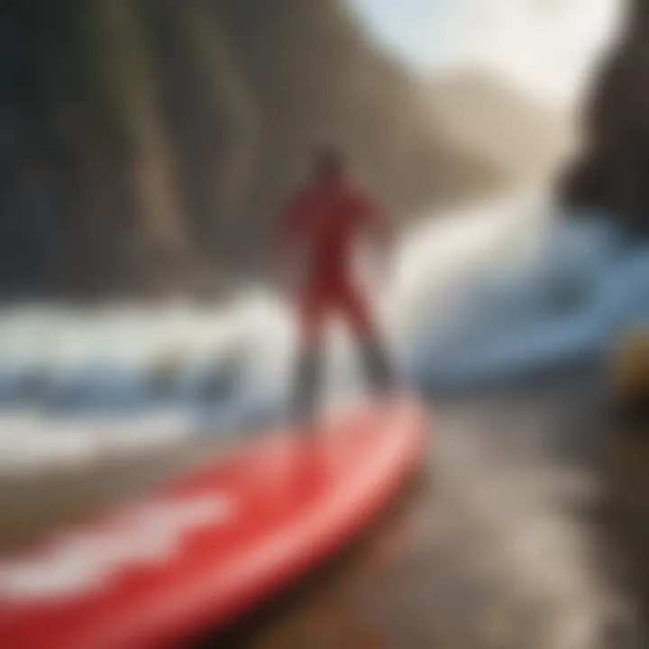 A scenic beach with surfers and lifeguards, emphasizing safety