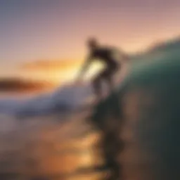 Surfer riding a wave with a vibrant sunset in the background