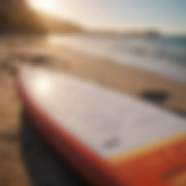 Close-up of a surfboard and travel insurance documents on the beach