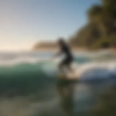A scenic ocean view with boogie boarders enjoying the waves, emphasizing etiquette and safety.