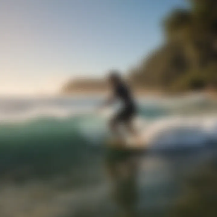 A scenic ocean view with boogie boarders enjoying the waves, emphasizing etiquette and safety.
