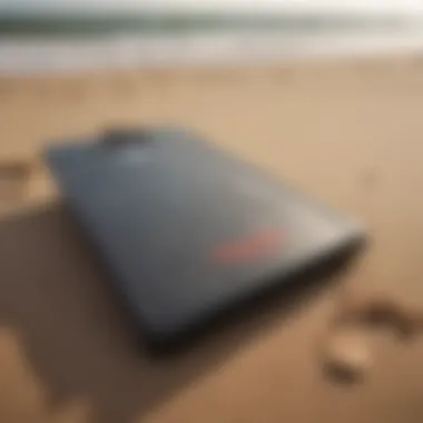 Historical Boogie Board on Beach A vintage boogie board on a sandy beach, illustrating its historical significance.