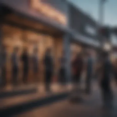 A group of skateboarders gathered outside a local skate shop, engaging in discussions