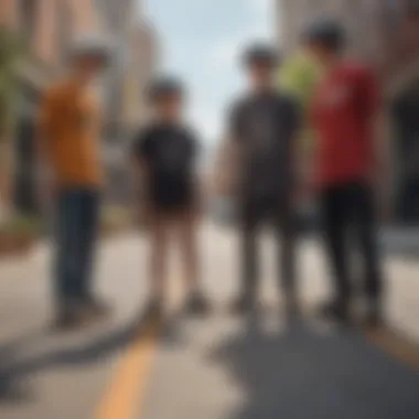 Group of young skateboarders discussing safety gear