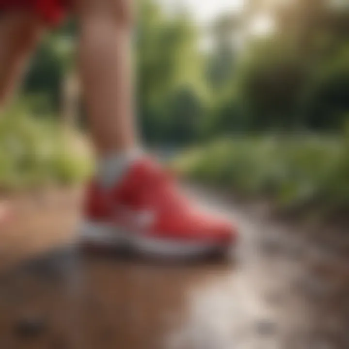 Young child playing outdoors in red Nike preschool shoes, showcasing safety and comfort.