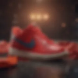 Close-up of the vibrant red Nike preschool shoes highlighting their design features.