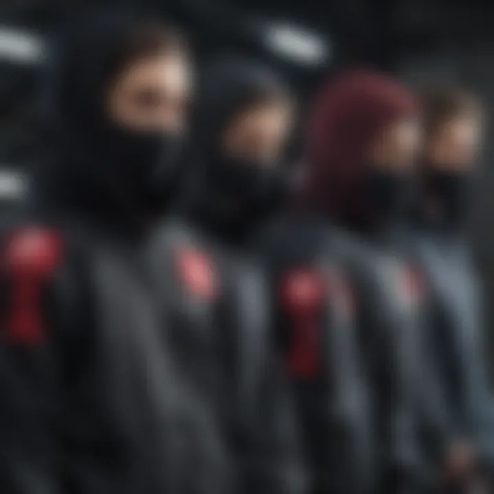 Group of extreme sports enthusiasts wearing Akatsuki hoodies, showcasing community spirit.