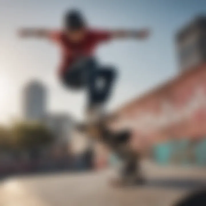 A skateboarder performing a trick in an urban skate park