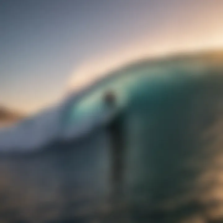 A surfer riding a massive wave at sunset