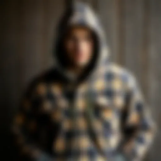 Stylish men's hooded flannel jacket on a rustic wooden background