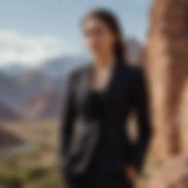 A stylish individual in an all black blazer against a backdrop of an adventure landscape.