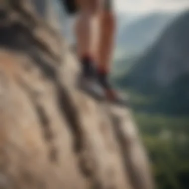 Rock climber scaling a cliff, emphasizing grip and stability with Nike socks.